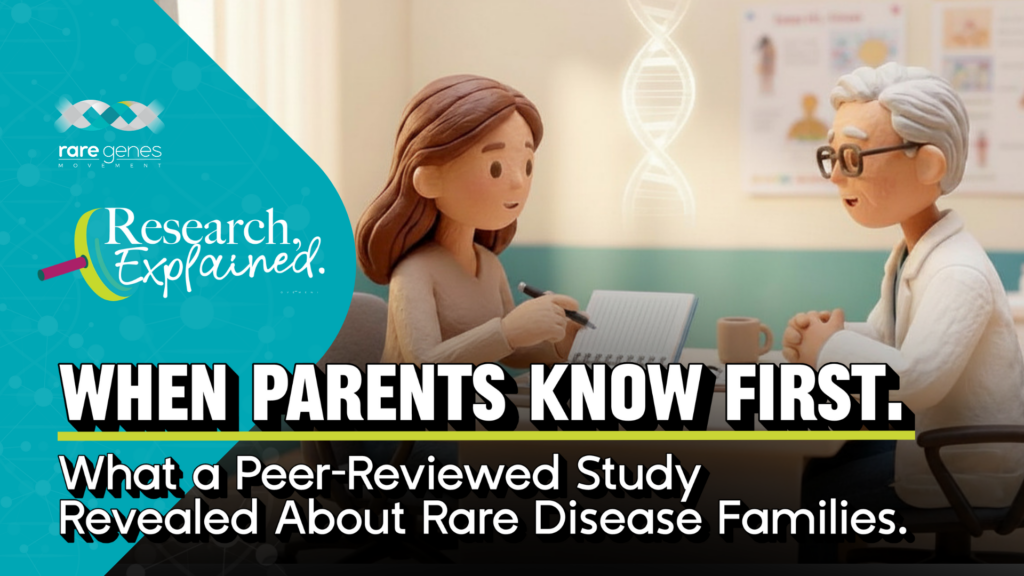 A clay-style illustrated scene of a mother sitting across from a female doctor at a clinic desk, leaning forward with a notebook in hand as if presenting her research. A glowing DNA helix floats in the background. Text overlay reads: "When Parents Know First — What a Peer-Reviewed Study Revealed About Rare Disease Families." Research, Explained blog series by Rare Genes Movement.