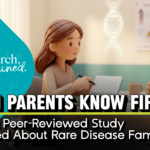 A clay-style illustrated scene of a mother sitting across from a female doctor at a clinic desk, leaning forward with a notebook in hand as if presenting her research. A glowing DNA helix floats in the background. Text overlay reads: "When Parents Know First — What a Peer-Reviewed Study Revealed About Rare Disease Families." Research, Explained blog series by Rare Genes Movement.