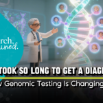 A clay-style 3D illustration of a doctor presenting a glowing DNA strand with family portraits connected to it… featured image for the Research Explained post "Why It Took So Long to Get a Diagnosis" by Rare Genes Movement