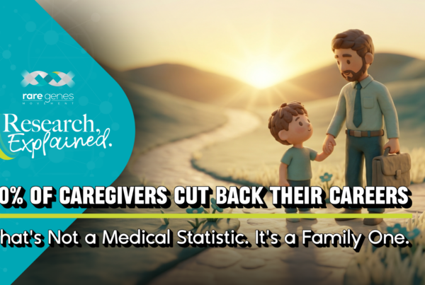 A clay-style father holding a briefcase stands at a fork in the path holding his young son's hand at sunrise… featured image for the Research Explained post on rare disease quality of life and the 70 percent of caregivers who reduce their careers.